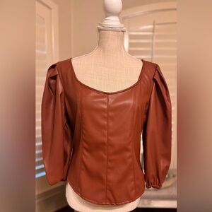 New York and Company Faux Leather Cognac Brown Top